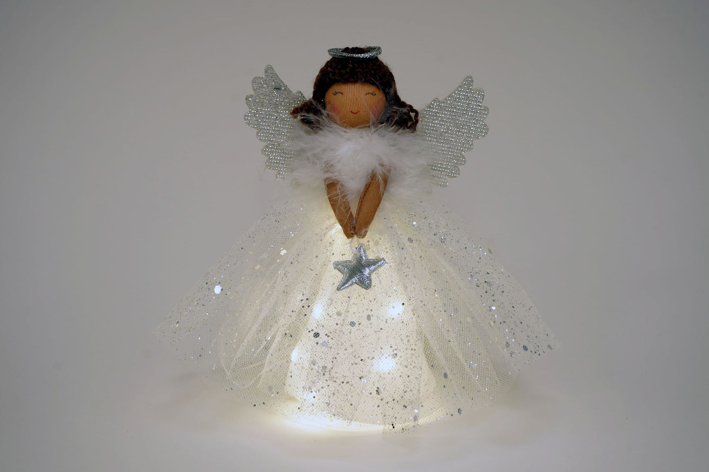 Silver Dark Haired Angel Light Up Tree Topper