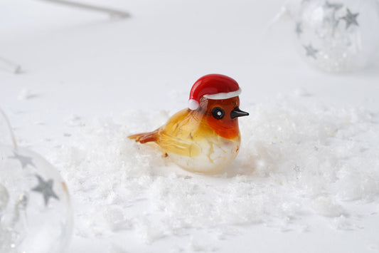 Glass Festive Santa Hat Robin Figurine | Christmas | Gift Boxed | Collectable Ornament | Decorative | Home Accessory | Gift For All