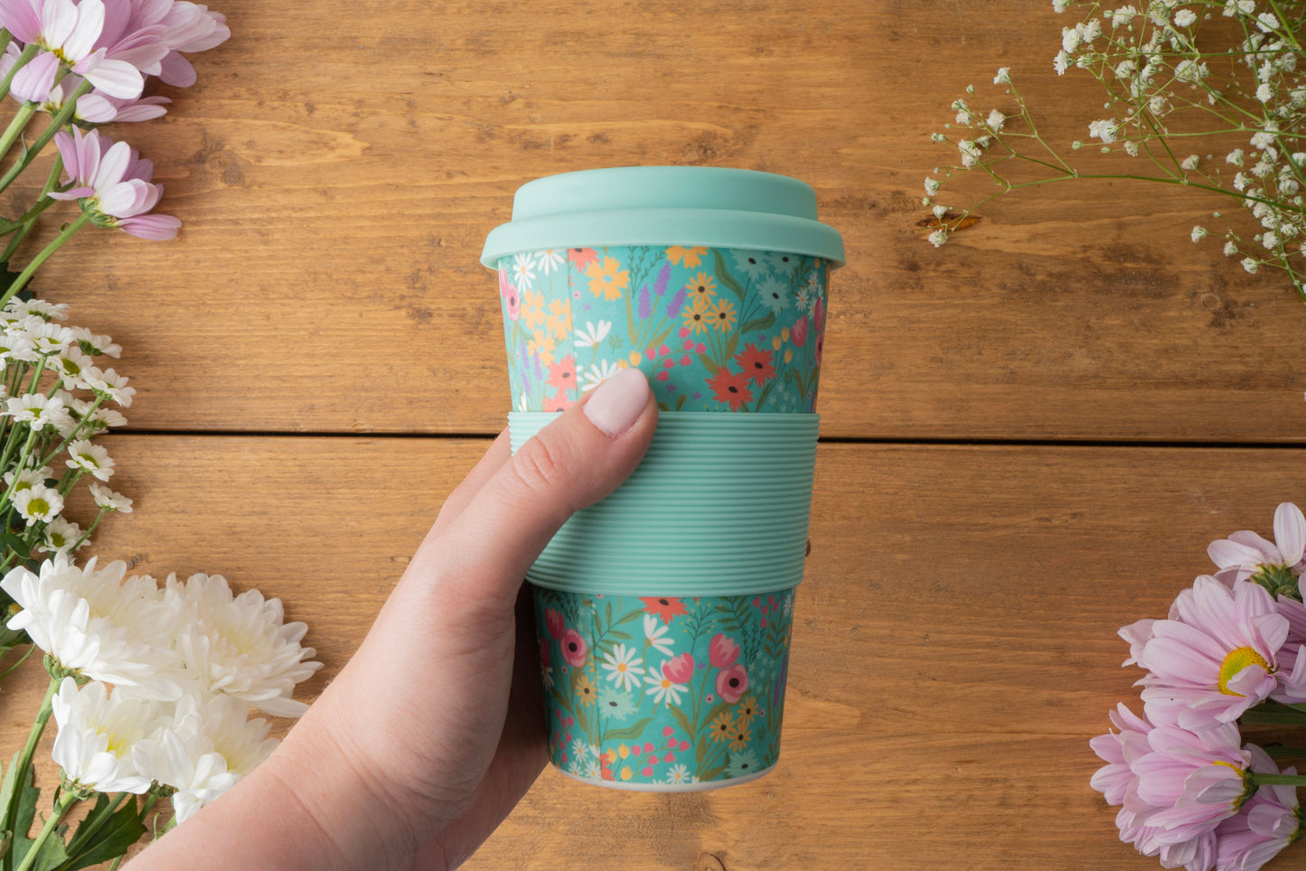 The Flower Market Teal Floral Bamboo Travel Mug