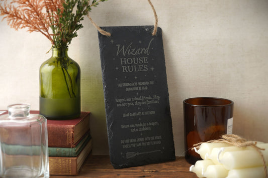 'Wizard House Rules' Long Slate Sign