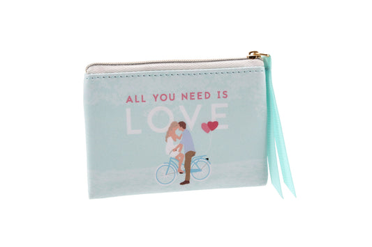 All You Need is Love Slogan Zip Coin Purse • Money Cash Credit Card • Bicycle Print • Perfect for Your Handbag • Gift For Her