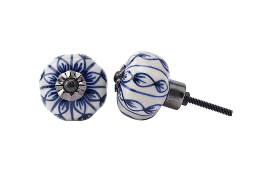 Set of 2 | White and Blue Ribbon Pattern Ceramic Cabinet Pull • Drawer Knob • DIY Upcycle • Gifts for Home • Home Improvement • Rennovations