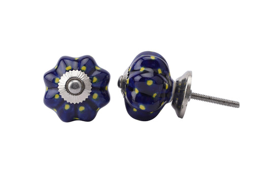 Set of 2 | Dark Blue and Yellow Spotted Melon Shape Ceramic Drawer Pull | Cabinet Pull | Drawer Knob