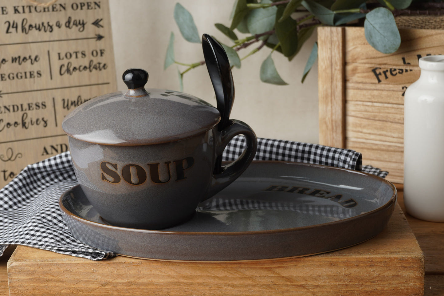 Grey Soup Bowl and Bread Plates