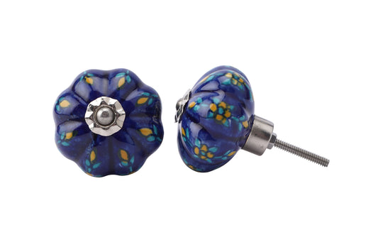 Set of 2 | Yellow and Blue Flower Design Melon Shaped Ceramic Drawer Knob and Cabinet Pull • DIY Upcycle • Home Improvement • Rennovations