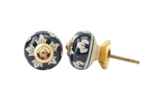 Set of 2 | Beige and Black Flower Design Shaped Ceramic Drawer Pull | Cabinet Pull | Drawer Knob